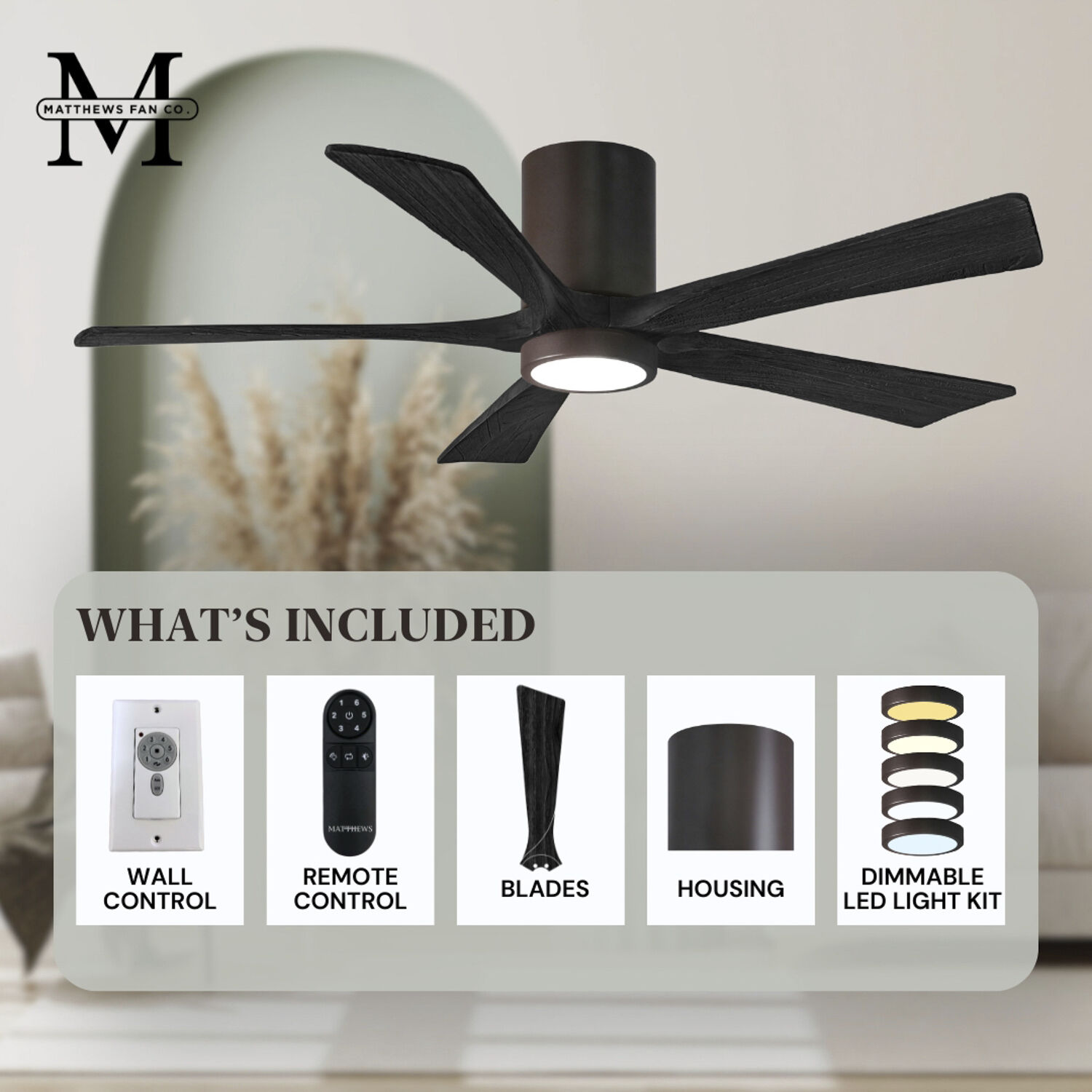 Atlas Irene-5HLK 52 inch Textured Bronze with Matte Black Blades Flush Mount Paddle Fan, Flush Mounted